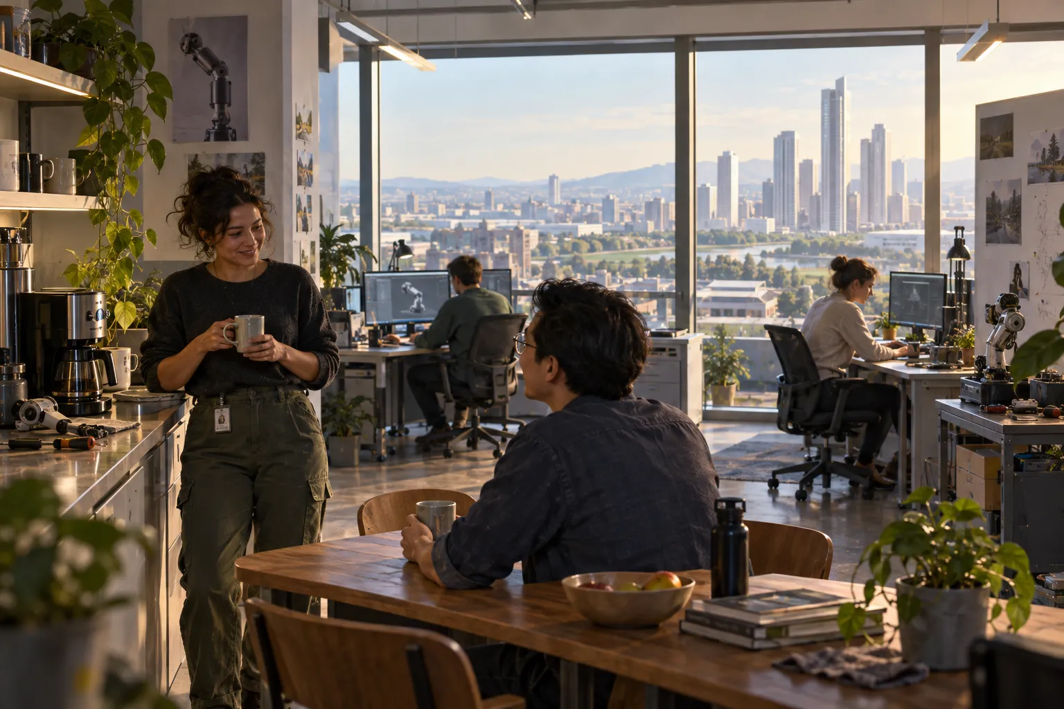 A sunlit technical office and coffee area overlooking a functioning city and the green plains.