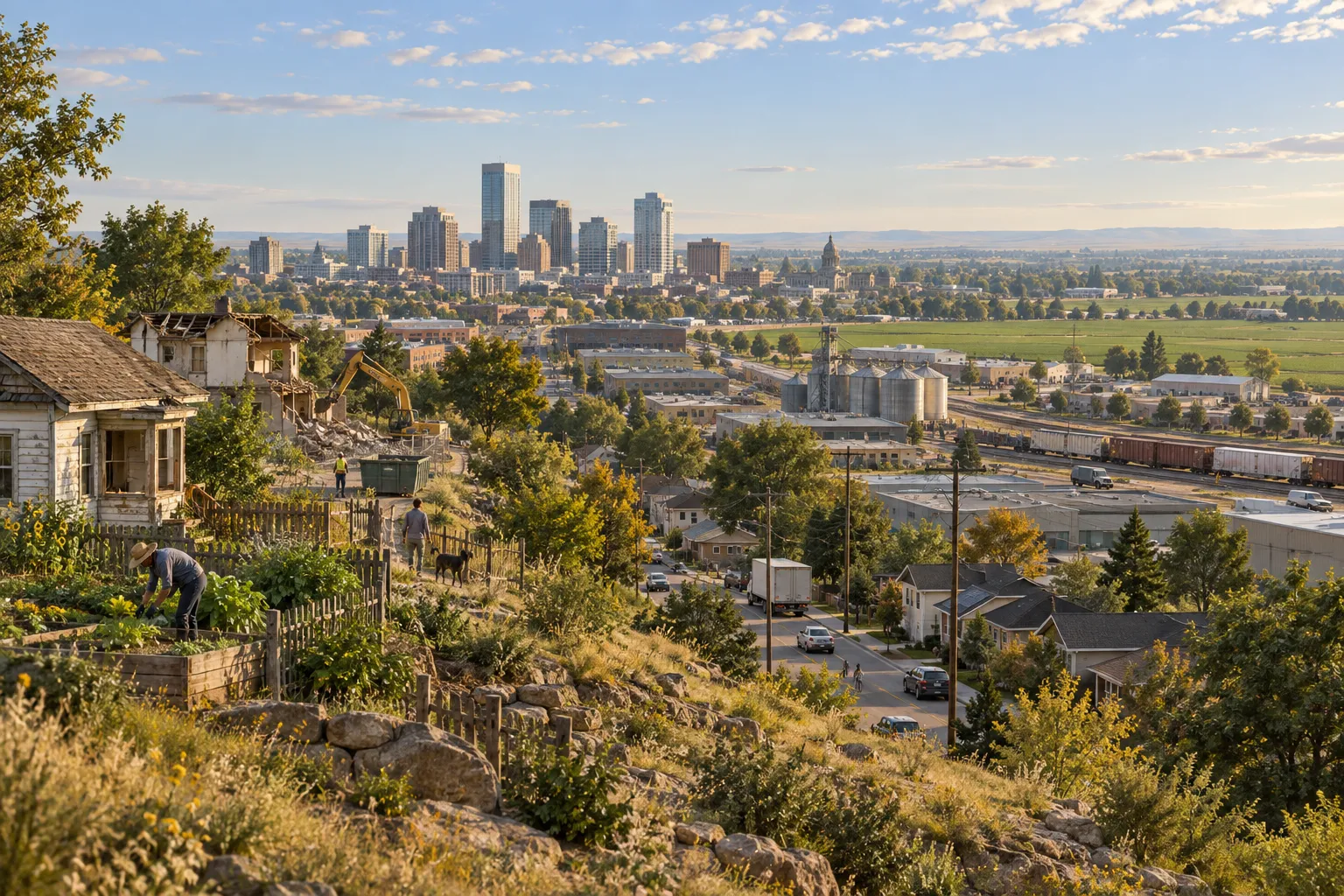 A functioning city of pale towers, warehouses and green fields, seen from its western outskirts.