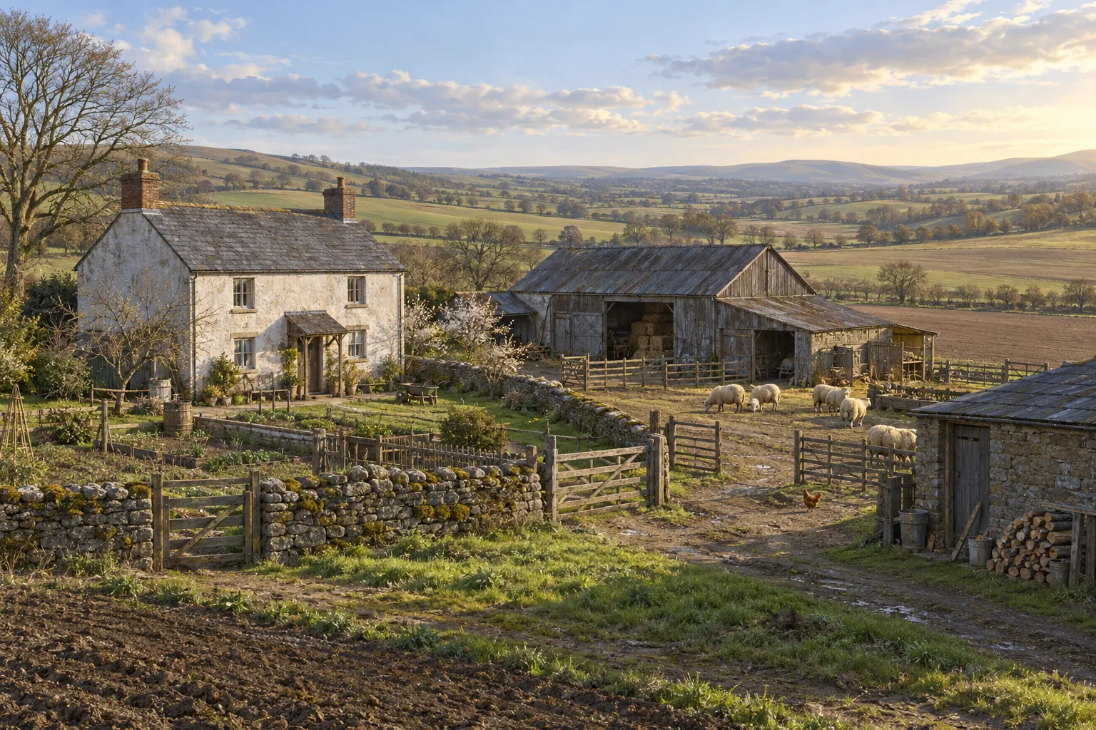 A modest farmhouse and barn with sheep and a chicken, surrounded by broad fields in early spring.