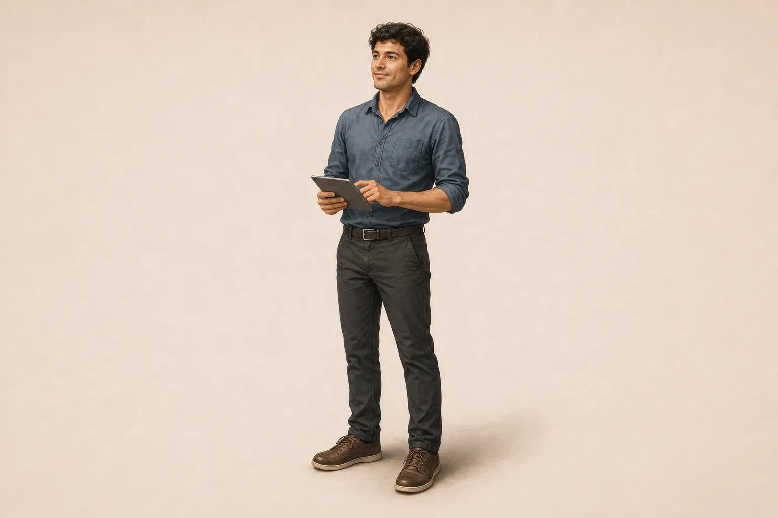 Rowan in the city, clean-shaven with neatly cut hair, relaxed in clean casual clothes and holding a tablet.