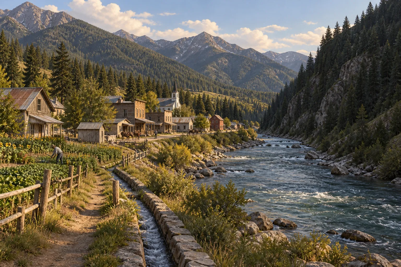 A narrow strip of small farms and town buildings along one riverbank, opposite steep forested mountain slopes.