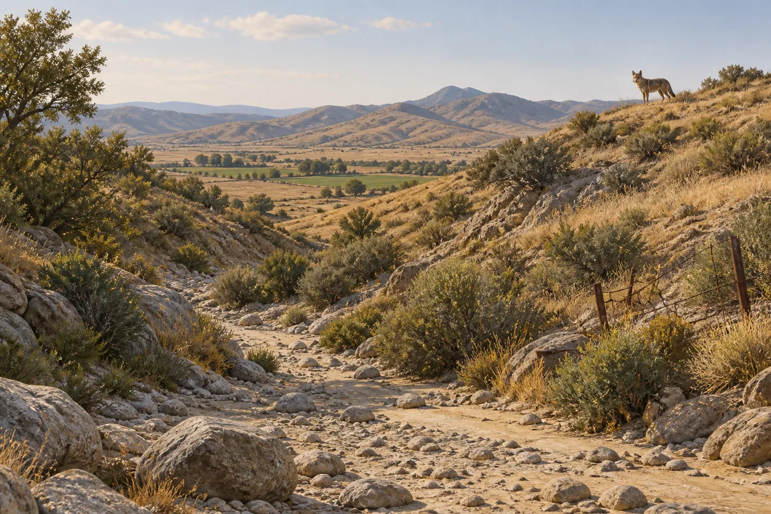 A wild coyote stands above a dry channel of sand, stone and scrub in rolling brown foothills.